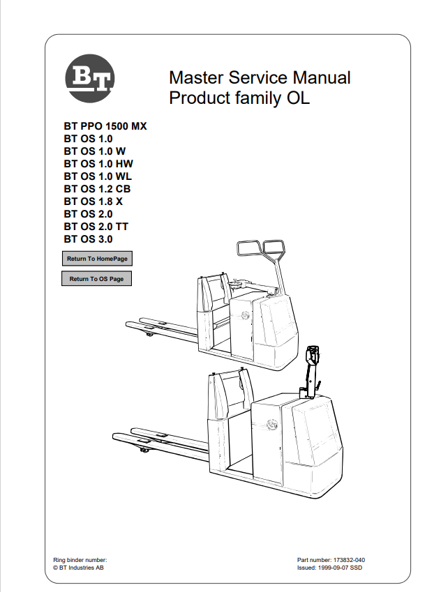 BT FORKLIFT BT PPO 1500 MX, BT OS 1.0, BT OS 1.0 W, BT OS 1.0 HW, BT OS 1.0 WL, BT OS 1.2 CB, BT OS 1.8 X, BT OS 2.0, BT OS 2.0 TT, BT OS 3.0 SERVICE MANUAL PDF