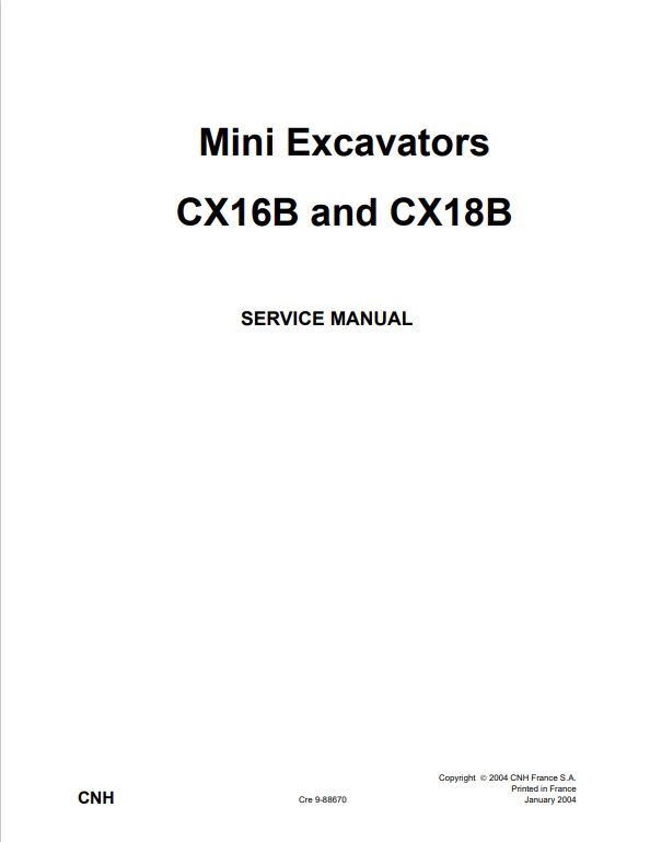 Case CX16B, CX18B Mini Excavator Service Repair Manual 9-88670 PDF