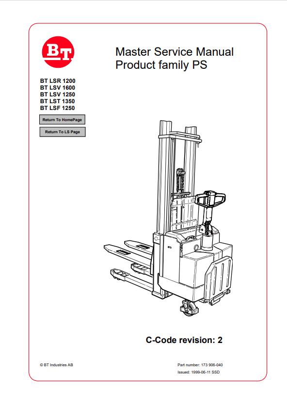 BT FORKLIFT BT LSR 1200, BT LSV 1600, BT LSV 1250, BT LST 1350, BT LSF 1250 SERVICE MANUAL PDF