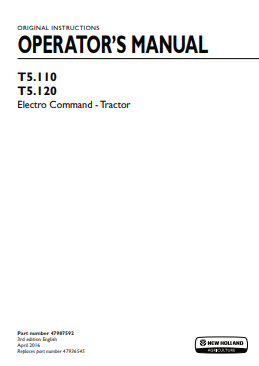 New Holland T5.110, T5.120 Tractor Operator Manual 47987592 PDF