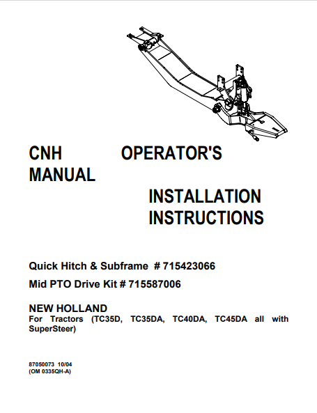 New Holland TC35D, TC35DA, TC40DA, TC45DA Operator Manual 87050073 PDF