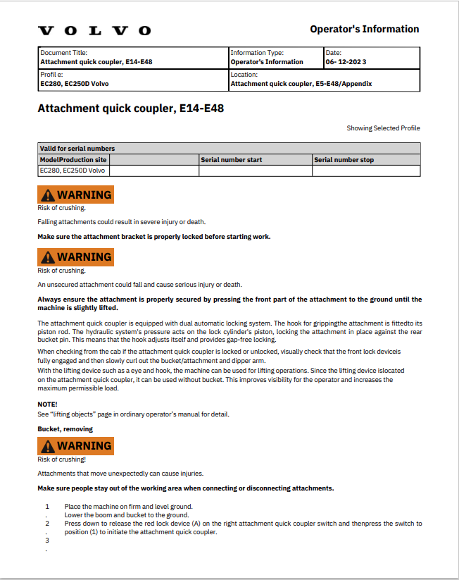 Volvo EC280, EC250D Excavator Operator Manual - PDF File