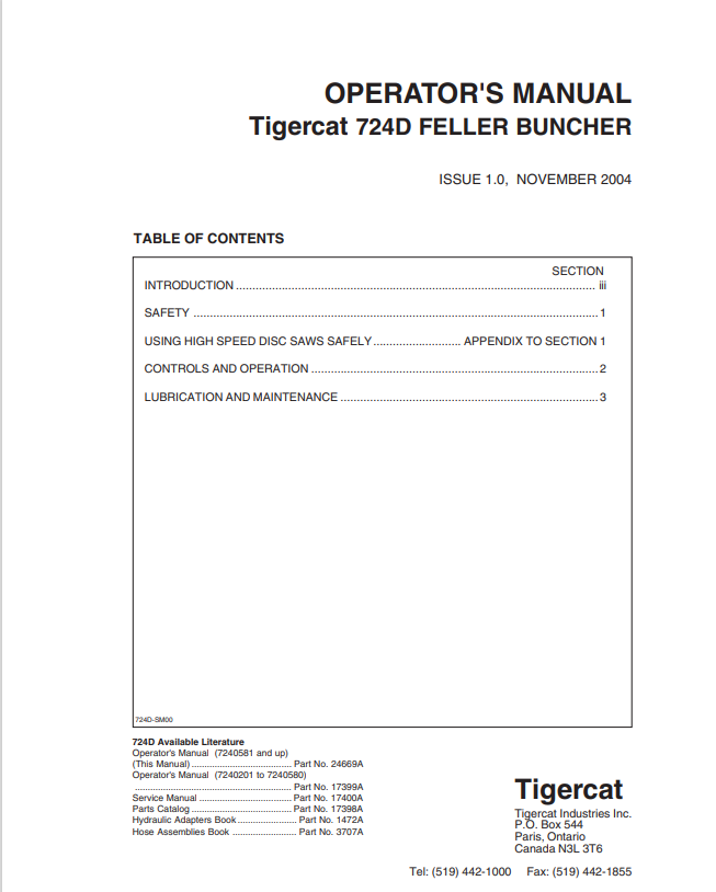 Tigercat 724D Feller Buncher Operator Manual 24669A