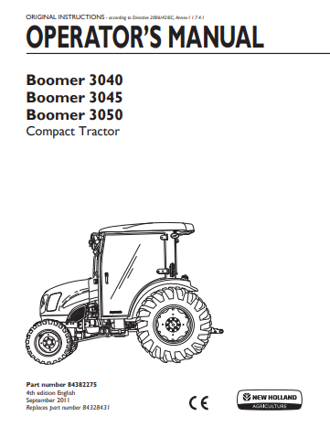 New Holland Boomer 3040, 3045, 3050 Compact Tractor Operator Manual 84382275 PDF