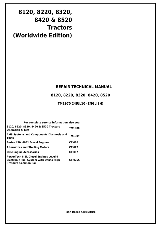 John Deere 8120–8520 Tractor Repair Manual TM1970 PDF