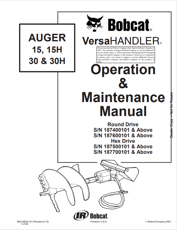 BOBCAT 15, 15H, 30, 30H AUGER OPERATION AND MAINTENANCE MANUAL 6901382 PDF