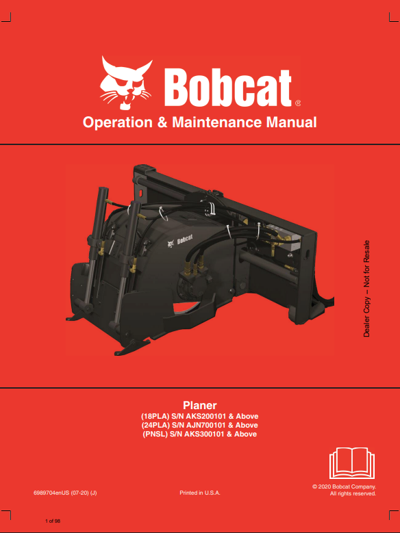 BOBCAT 18PLA, 24PLA, PNSFL PLANER OPERATION AND MAINTENANCE MANUAL 6989704 PDF