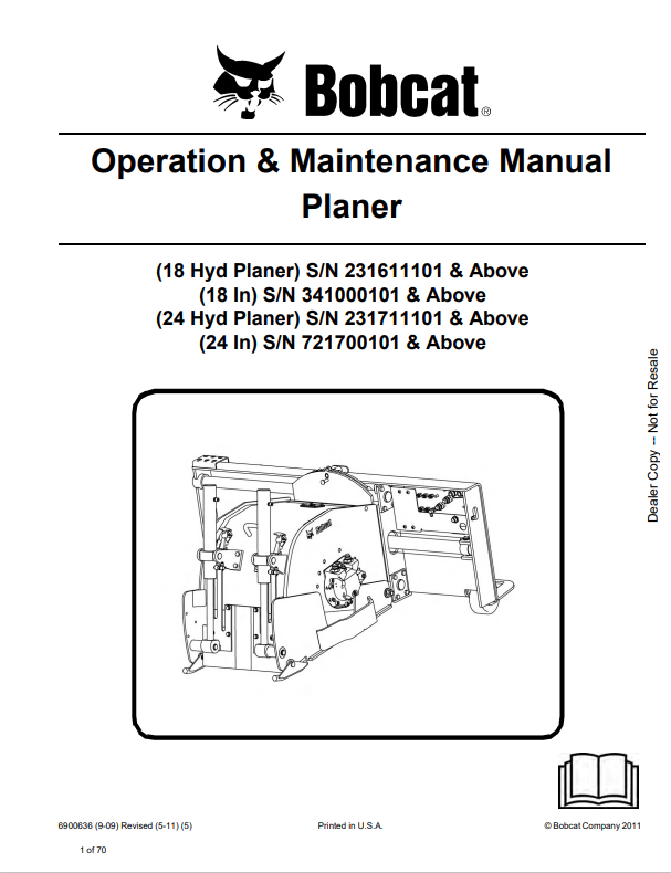BOBCAT 18 HYD , 18 IN, 24 HYD, 24 IN PLANER OPERATION AND MAINTENANCE MANUAL 6900636 PDF
