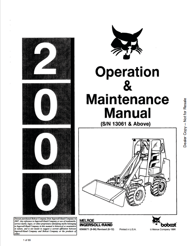 BOBCAT 2000 LOADER OPERATION AND MAINTENANCE MANUAL 6566671 PDF