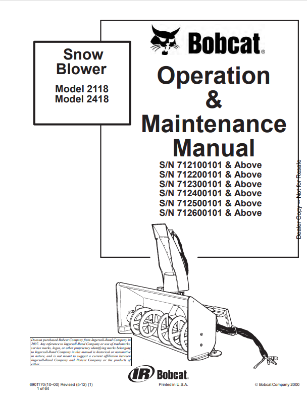 BOBCAT 2118, 2418 SNOWBLOWER OPERATION AND MAINTENANCE MANUAL 6901170 PDF
