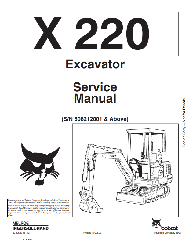 BOBCAT 220 EXCAVATOR SERVICE MANUAL 6720503 PDF