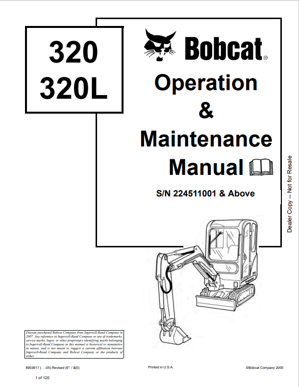 BOBCAT 320, 320L LOADER OPERATION AND MAINTENANCE MANUAL 6903817 PDF
