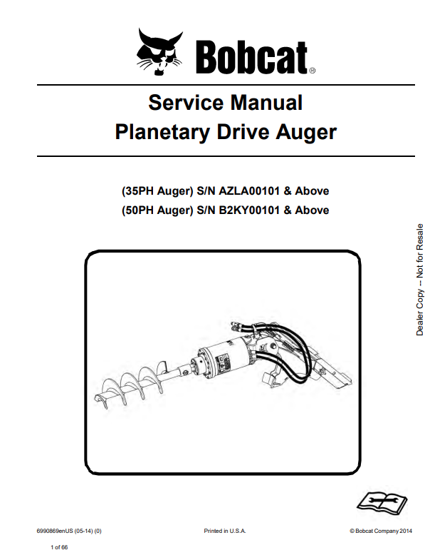BOBCAT 35PH, 50PH PLANETARY DRIVE AUGER SERVICE MANUAL 6990869 PDF