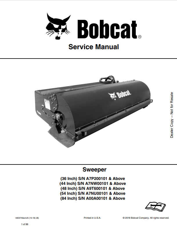 BOBCAT 36, 44, 48, 54, 84 INCH SWEEPER SERVICE MANUAL 6904756 PDF