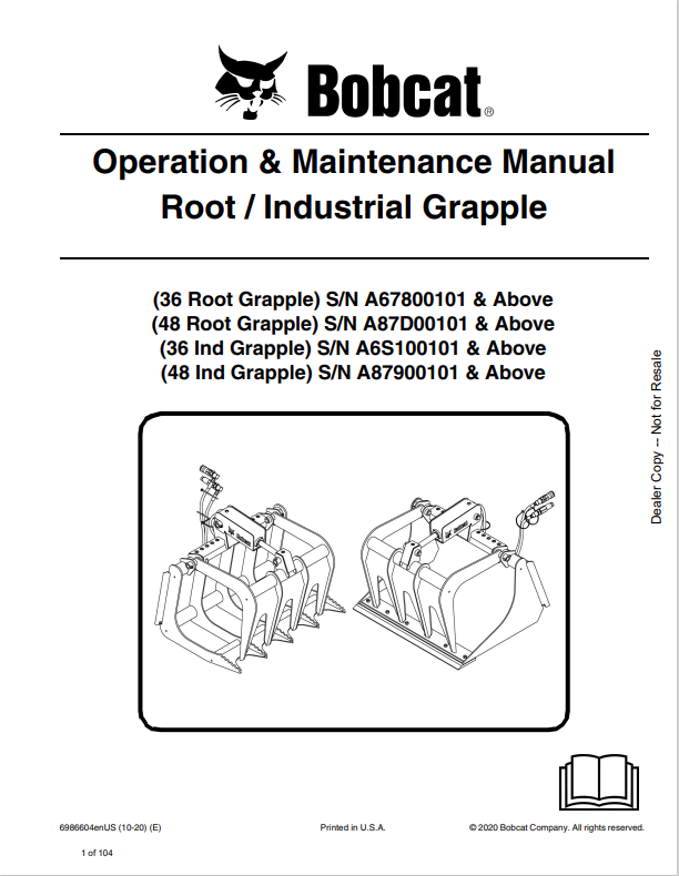 BOBCAT 36, 48 ROOT, INDUSTRIAL GRAPPLE OPERATION AND MAINTENANCE MANUAL 6986604 PDF