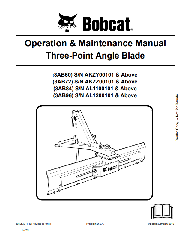 BOBCAT 3AB60, 3AB72, 3AB84, 3AB96 THREE-POINT ANGLE BLADE OPERATION AND MAINTENANCE MANUAL 6989539 PDF