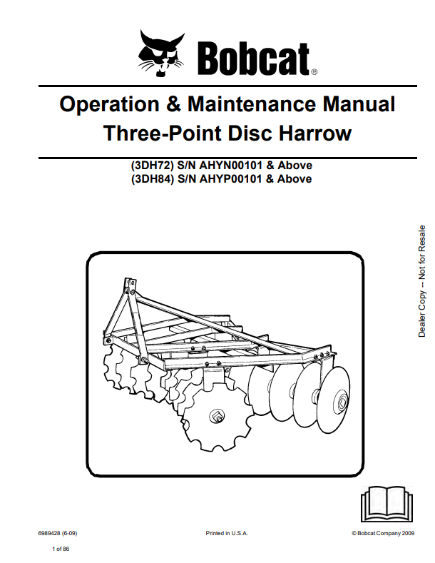 BOBCAT 3DH72, 3DH84 THREE-POINT DISC HARROW OPERATION AND MAINTENANCE MANUAL 6989428 PDF