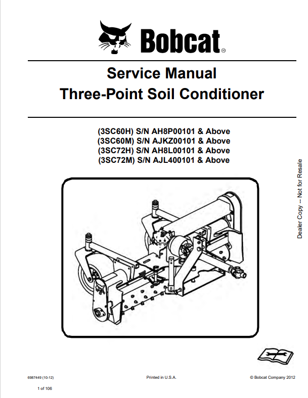 BOBCAT 3SC60H, 3SC60M, 3SC72H, 3SC72M THREE-POINT SOIL CONDITIONER SERVICE MANUAL 6902775 PDF