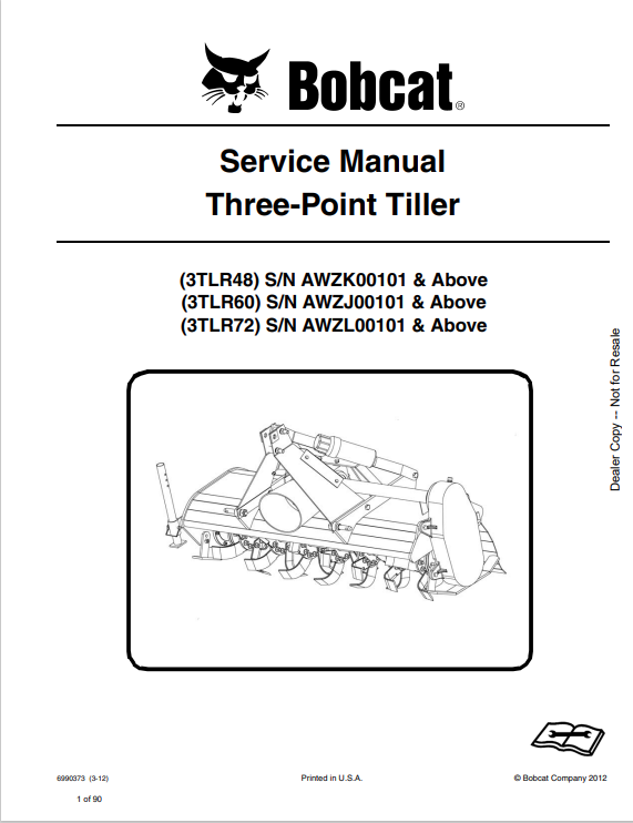 BOBCAT 3TLR48, 3TLR60, 3TLR72 THREE-POINT TILLER SERVICE MANUAL 6990373 PDF
