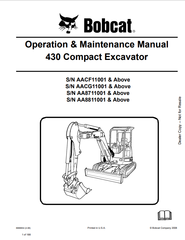BOBCAT 430 COMPACT EXCAVATOR OPERATION AND MAINTENANCE MANUAL 6986954 PDF