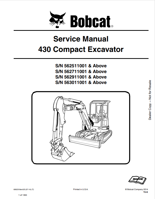 BOBCAT 430 COMPACT EXCAVATOR SERVICE MANUAL 6902318 PDF