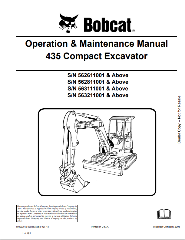 BOBCAT 435 COMPACT EXCAVATOR OPERATION AND MAINTENANCE MANUAL 6902330 PDF