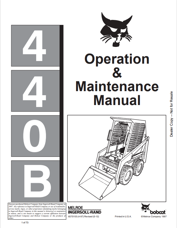 BOBCAT 440B LOADER OPERATION AND MAINTENANCE MANUAL 6570155 PDF