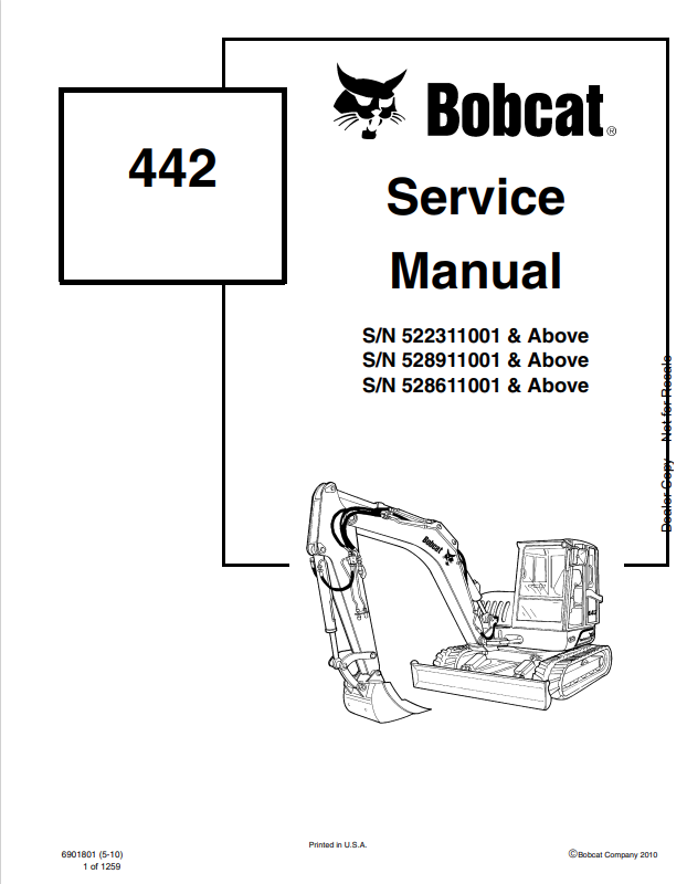 BOBCAT 442 LOADER EXCAVATOR SERVICE MANUAL 6901801 PDF