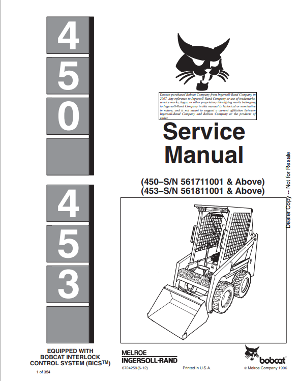 BOBCAT 450, 453 LOADER SERVICE MANUAL 6724259 PDF
