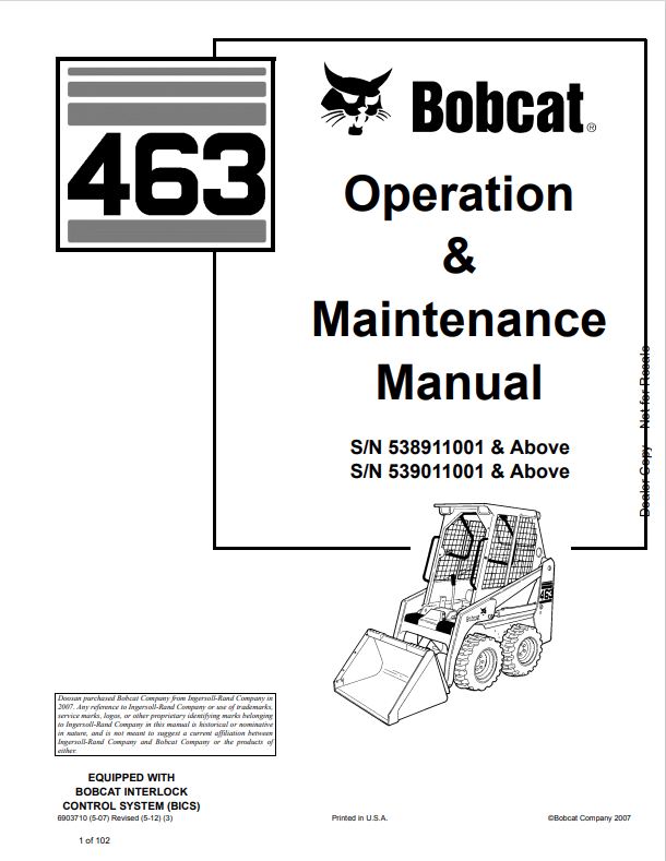 BOBCAT 463 LOADER OPERATION AND MAINTENANCE MANUAL 6903710 PDF