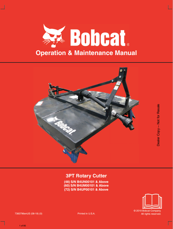 BOBCAT 48, 60, 72 3PT ROTARY CUTTER OPERATION AND MAINTENANCE MANUAL 7383796 PDF