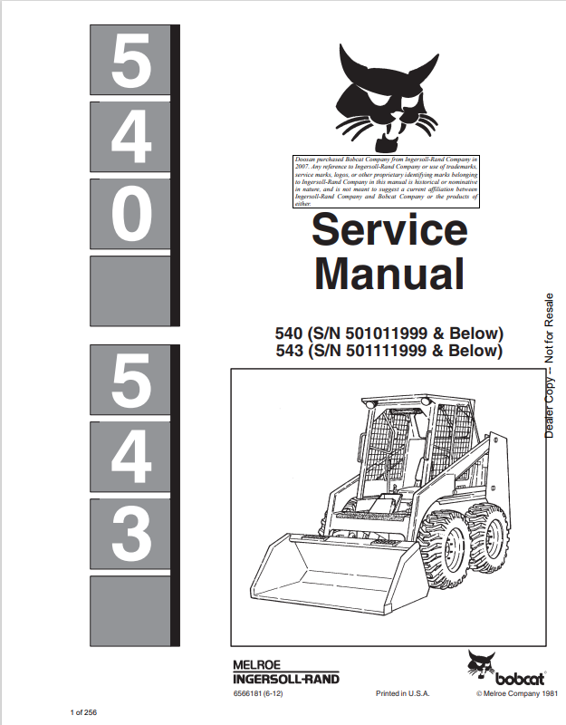 BOBCAT 540, 543 LOADER SERVICE MANUAL 6566181 PDF