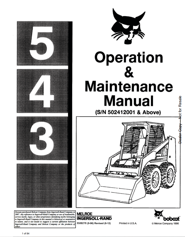 BOBCAT 543 LOADER OPERATION AND MAINTENANCE MANUAL 6566276 PDF