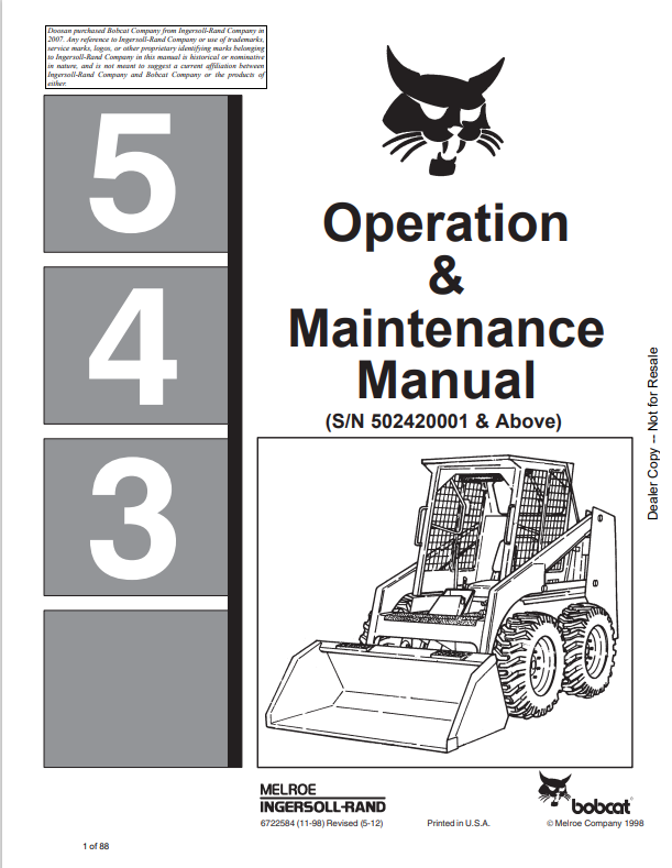 BOBCAT 543 LOADER OPERATION AND MAINTENANCE MANUAL 6722584 PDF