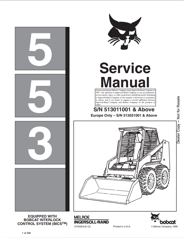 BOBCAT 543 LOADER SERVICE MANUAL 6724024 PDF