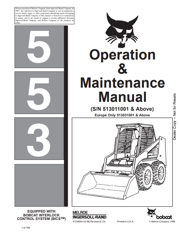 BOBCAT 553 LOADER OPERATION AND MAINTENANCE MANUAL 6724696 PDF
