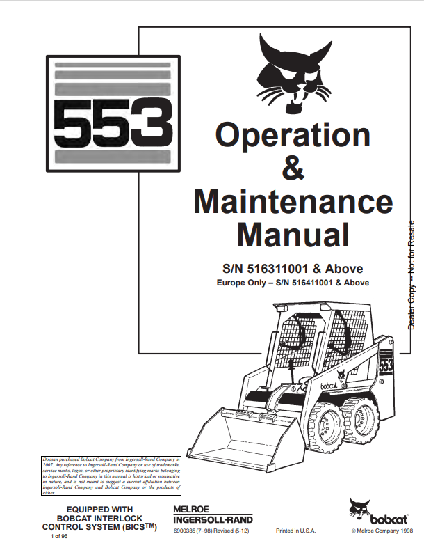 BOBCAT 553 LOADER OPERATION AND MAINTENANCE MANUAL 6900385 PDF
