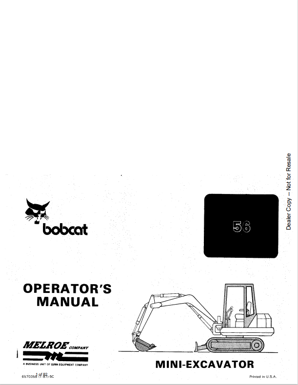 BOBCAT 56 MINI EXCAVATOR OPERATOR MANUAL 6570358 PDF