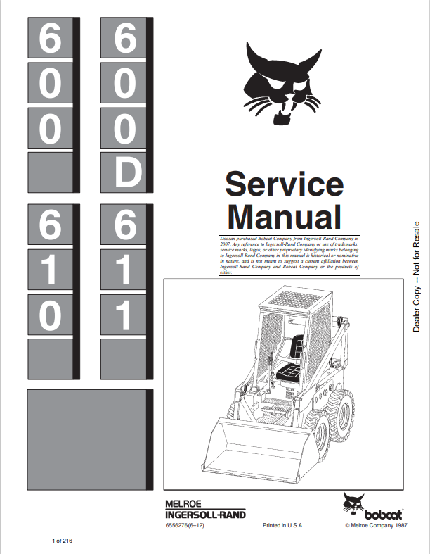 BOBCAT 600, 600D, 610, 611 LOADER SERVICE MANUAL 6556276 PDF