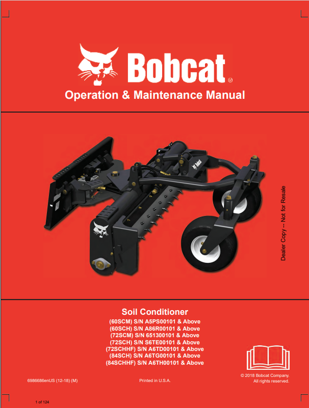 BOBCAT 60SCM, 72SCM, 72SCH, 72SCHHF, 84SCH, 84SCHHF SOIL CONDITIONER OPERATION AND MAINTENANCE MANUAL 6986686 PDF