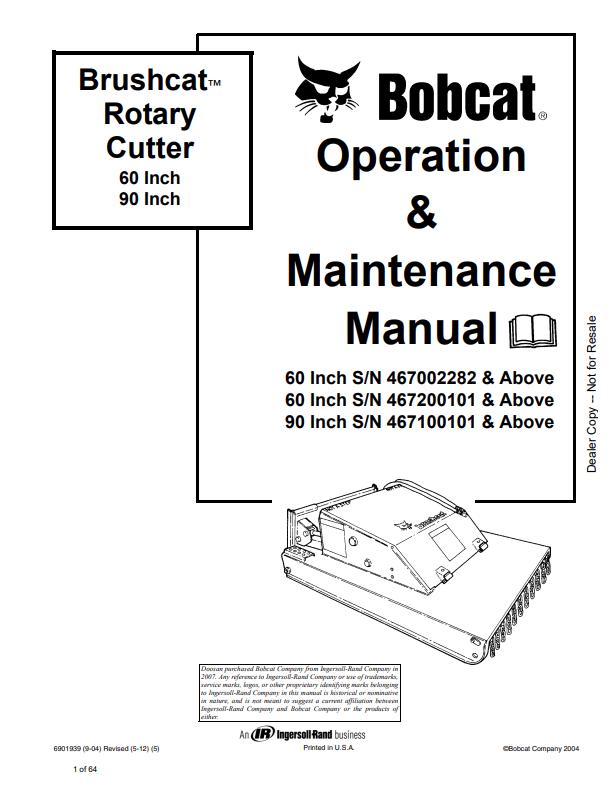 BOBCAT 60, 90 BRUSHCAT ROTARY CUTTER OPERATION AND MAINTENANCE MANUAL 6901939 PDF