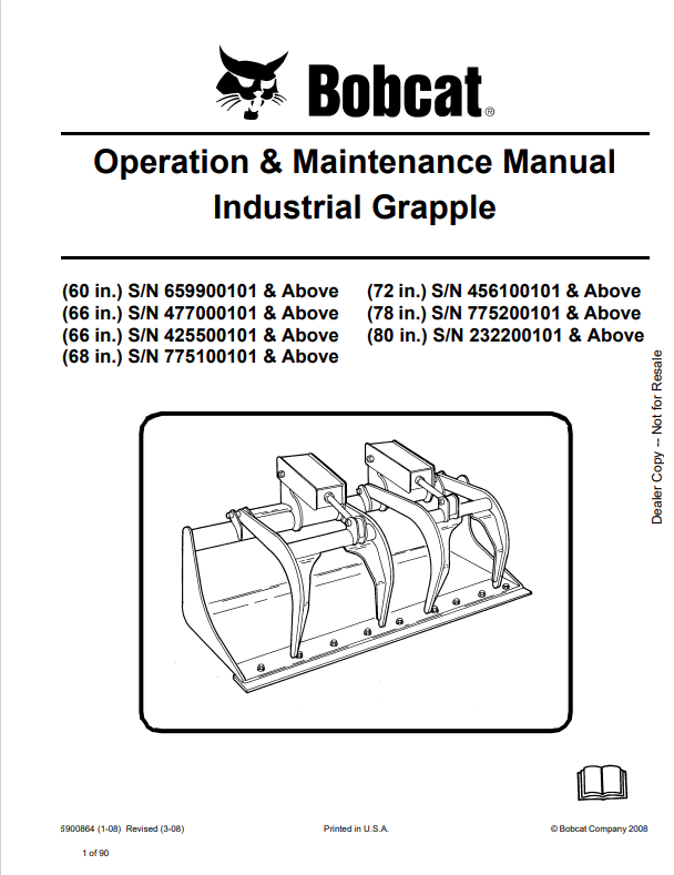 BOBCAT 60 IN, 66 IN, 68 IN, 72 IN, 78 IN, 80 IN INDUSTRIAL GRAPPLE OPERATION AND MAINTENANCE MANUAL 6900864 PDF