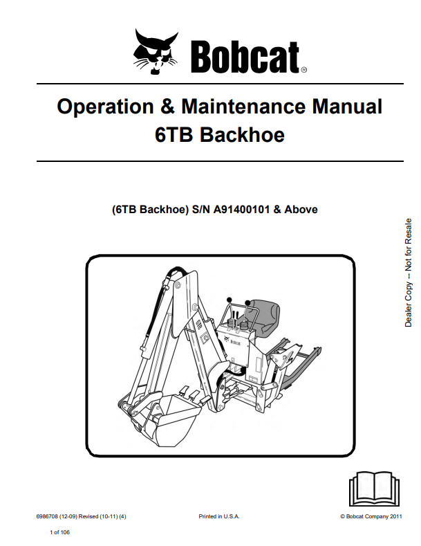 BOBCAT 6TB BACKHOE OPERATION AND MAINTENANCE MANUAL 6986708 PDF