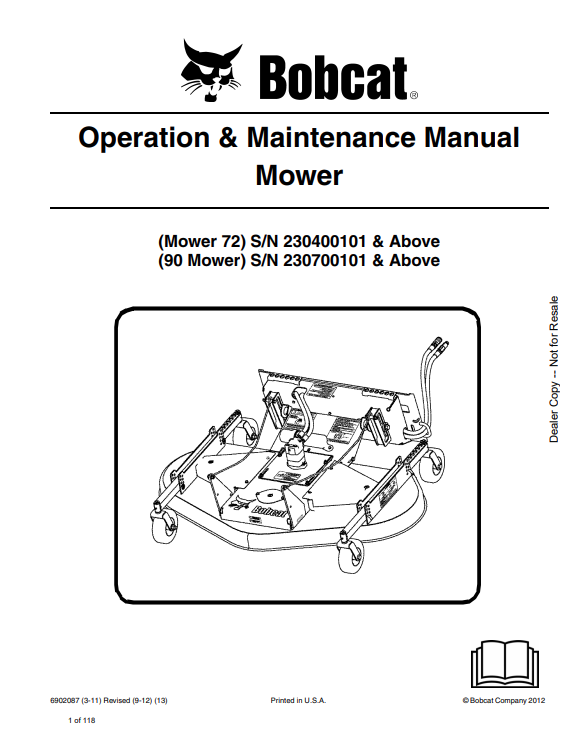 BOBCAT 72, 90 MOWER OPERATION AND MAINTENANCE MANUAL 6902087 PDF