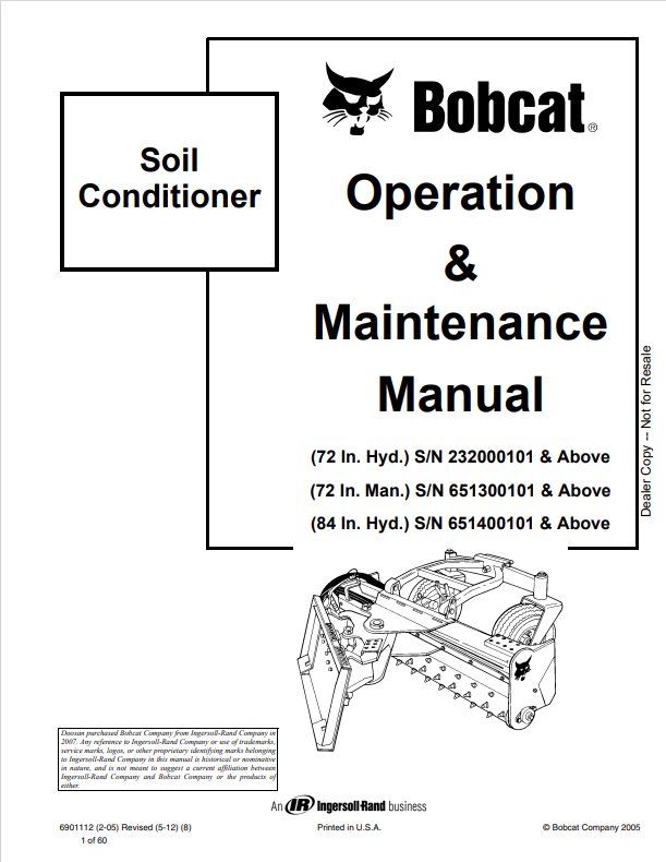 BOBCAT 72 IN. HYD, 72 IN. MAN, 84 IN. HYD SOIL CONDITIONER OPERATION AND MAINTENANCE MANUAL 6901112 PDF