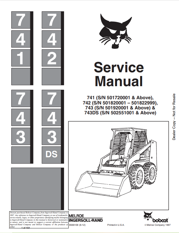 BOBCAT 741, 742, 743, 743 DS LOADER SERVICE MANUAL 6570166 PDF