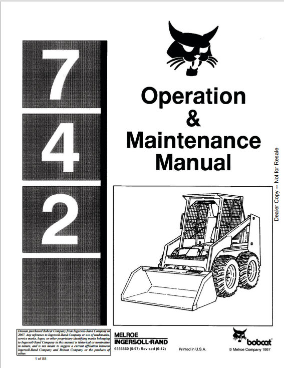 BOBCAT 742 LOADER OPERATION AND MAINTENANCE MANUAL 6556860 PDF