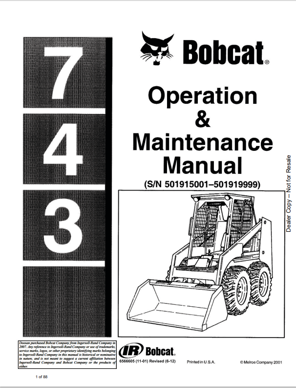 BOBCAT 743 LOADER OPERATION AND MAINTENANCE MANUAL 6566605 PDF