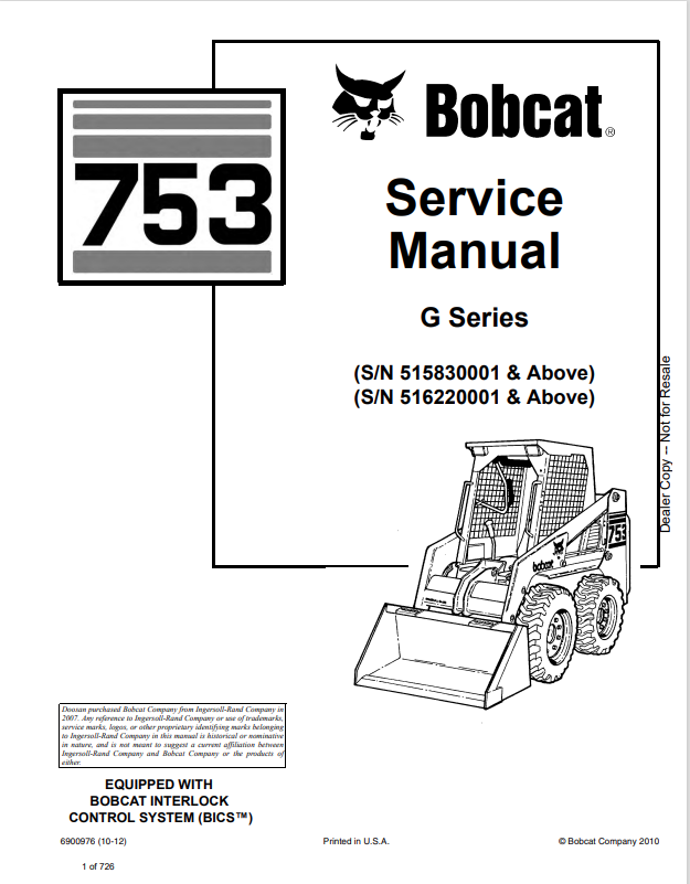 BOBCAT 753 LOADER G SERIES SERVICE MANUAL 6900976 PDF