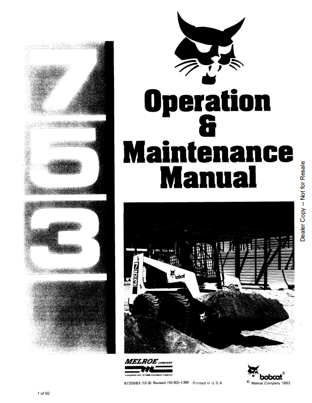 BOBCAT 753 LOADER OPERATION AND MAINTENANCE MANUAL 6720583 PDF